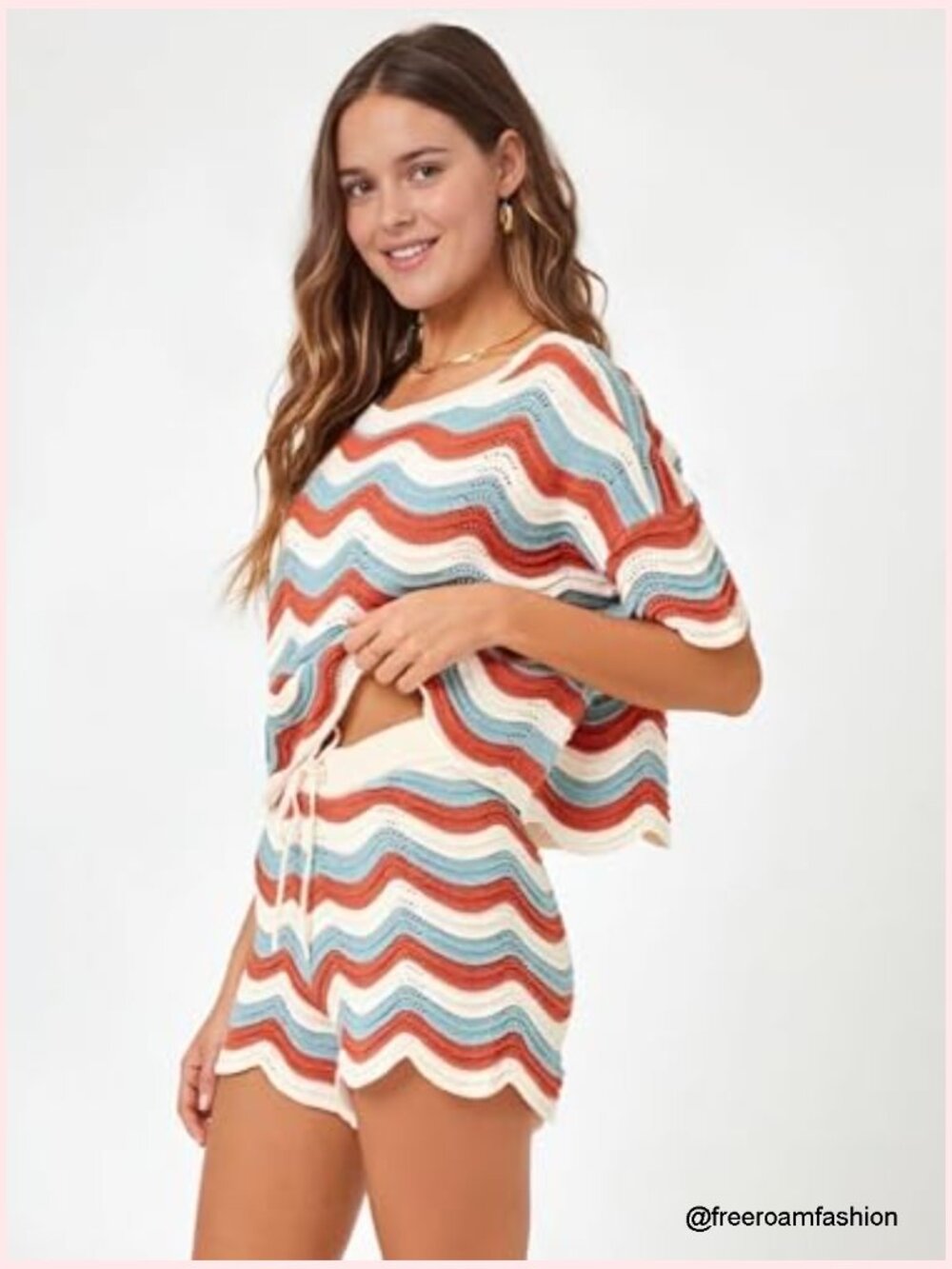 2 Piece Stripe Crochet Cover Up Set - Short Sleeve Top & Shorts - Picture 3 of 7